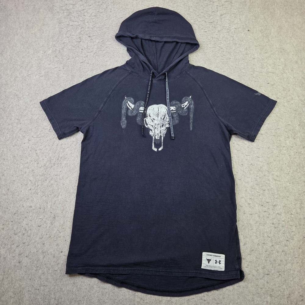 Under Armour Hoodie Shirt Mens S Black Project Rock Skull Snake Short Sleeve GYM